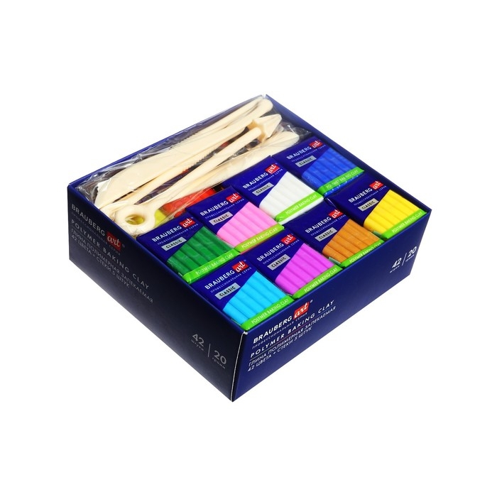 Глина полимерная запекаемая BRAUBERG ART, 42 цвета по 20 г, с аксессуарами, подарочная коробка Глина полимерная запекаемая BRAUBERG ART, 42 цвета по 20 г, с аксессуарами, подарочная коробка