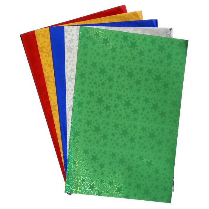 Набор бумаги голографической  Набор бумаги голографической "Звезды" А4, 5 листов, 5 цветов, рисунок, 100 г/м2