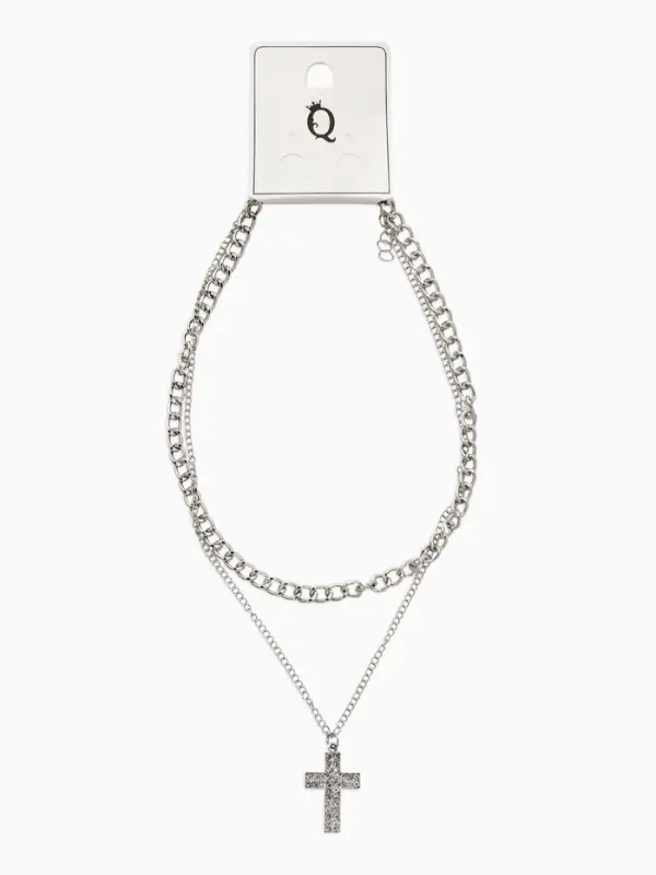 Кулон &laquo;Цепь&raquo;, крест плоский, белый в серебре, 40 см