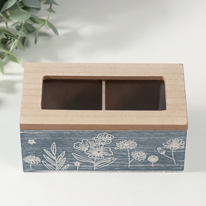 Шкатулка дерево 2 деления  Шкатулка дерево 2 деления "Полевые растения" синяя 8,8х16,2х7 см