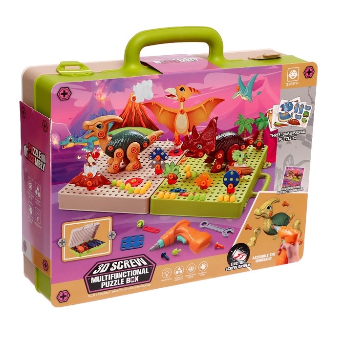 Конструктор винтовая мозаика «Диномир», с электрическим шуруповёртом, 216 деталей Конструктор винтовая мозаика «Диномир», с электрическим шуруповёртом, 216 деталей