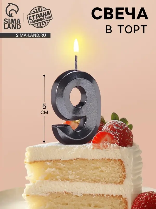 Свеча в торт на шпажке &laquo;&lrm;Грань&raquo;, цифра 9, черная, 5 см