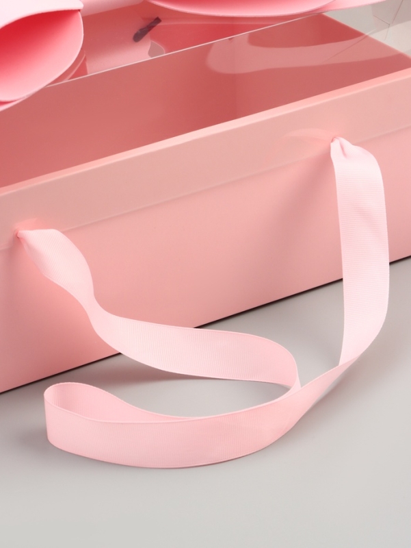 Коробка подарочная с бантом, ручками и прозрачной крышкой 35 х 21 х 15 см Розовая