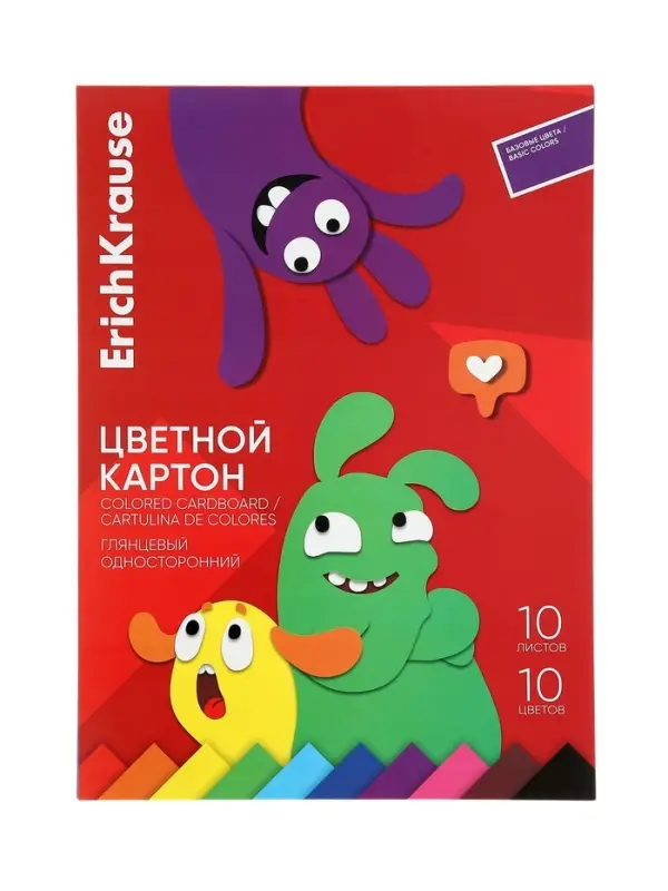 Картон цветной А4 ErichKrause Jolly Friends, 10 листов, 10 цветов, на клею