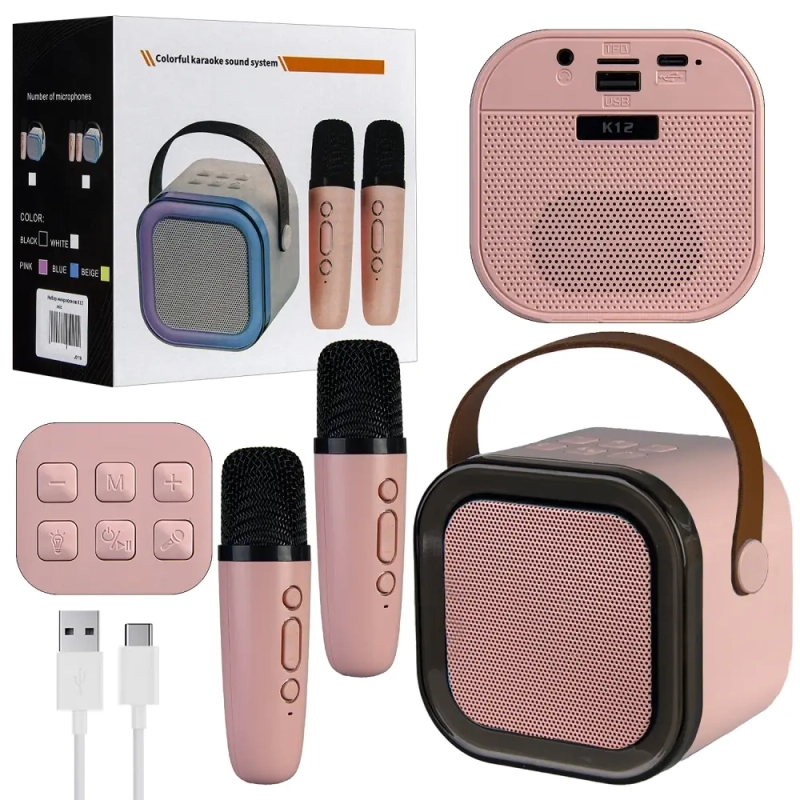 *Портативная акустика с 2 микрофонами K12 Розовая