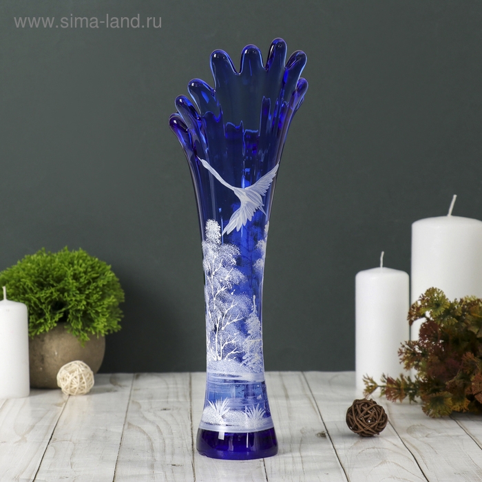 Ваза  Ваза "Коралл" h 280 мм. из синего стекла (ручная роспись) рис. № 5 (Бел.)