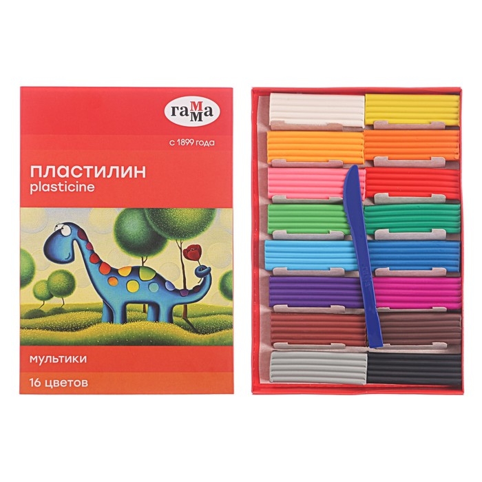 Пластилин 16 цветов 320 г, Пластилин 16 цветов 320 г, "Гамма" "Мультики", со стеком
