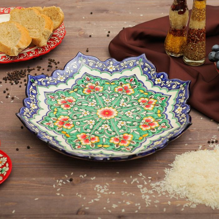 Ляган Риштанская Керамика  Ляган Риштанская Керамика "Цветы", 32 см, сине-зелёный, рифлённый
