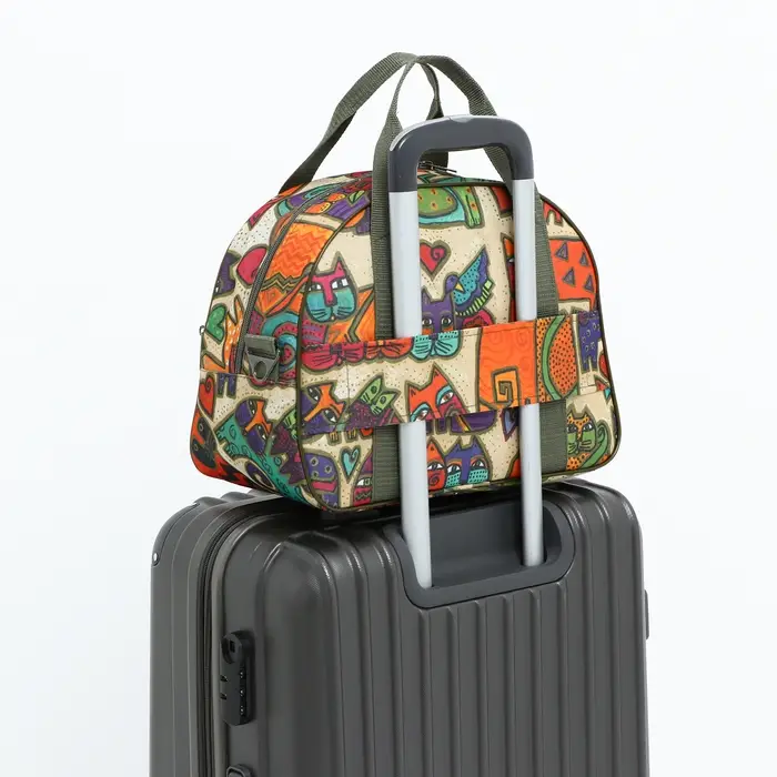 Сумка дорожная на молнии, наружный карман, держатель для чемодана, длинный ремень, цвет бежевый/разноцветный