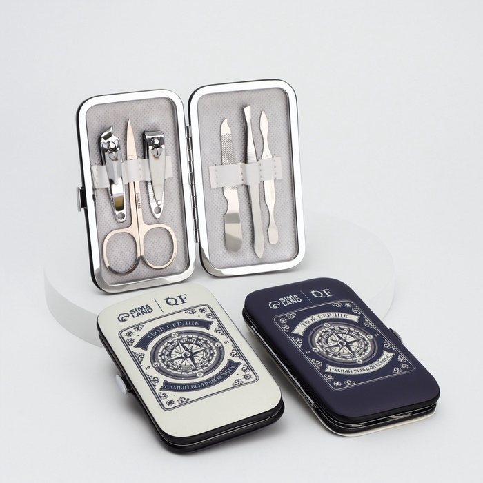 Набор маникюрный «Компас», 6 предметов, в футляре, синий, белый Набор маникюрный «Компас», 6 предметов, в футляре, синий, белый