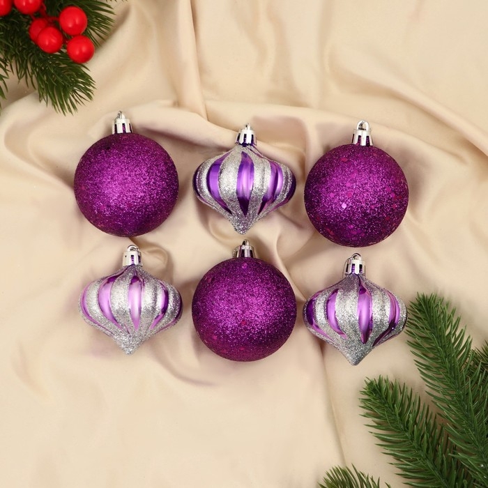 Набор украшений пластик 6 шт Набор украшений пластик 6 шт "Агнет" луковки полосы, 6 см, серебристо-фиолетовый