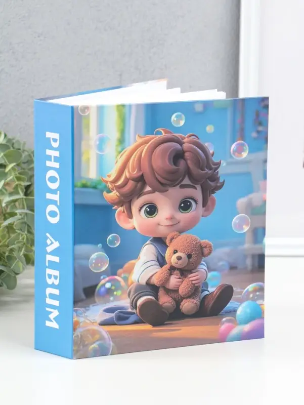 Фотоальбом на 80 фото 10х15 см "Мальчик с мишкой и пузырьки" в коробке 5х19х22,8 см