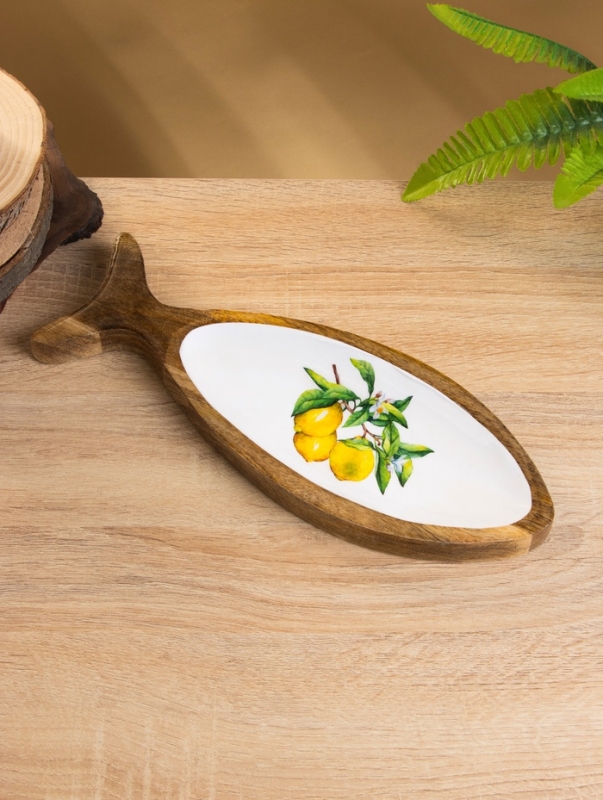 Блюдо в форме рыбки "Лимоны" дерево манго 32х11,5х2 см