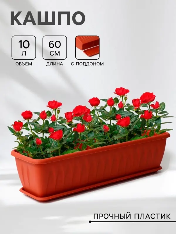 Балконный ящик для цветов &laquo;Алиция&raquo;, 10 л, 60&times;18.5&times;15.5 см, с поддоном, цвет терракотовый