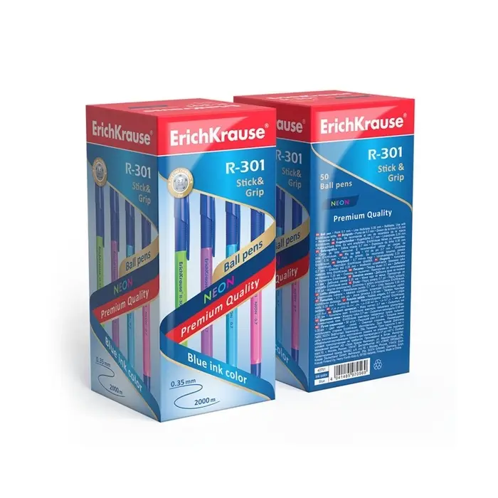 Ручка шариковая ErichKrause R-301 Neon Stick & Grip, узел 0,7-1.0 мм, чернила синие, резиновый держатель, длина линии письма 2000 метров, МИКС
