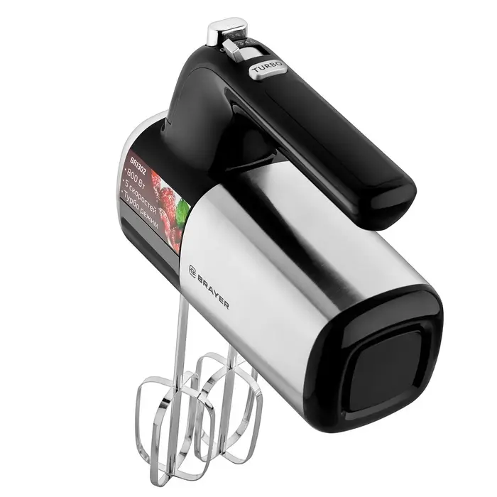 Миксер BRAYER 1302BR, ручной, 800 Вт, 5 скоростей, 2 насадки, чёрно-серый