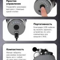 Массажёр для тела LEM-02, перкуссионный, 4 насадки, 6 режимов, 1800-3200 об/мин