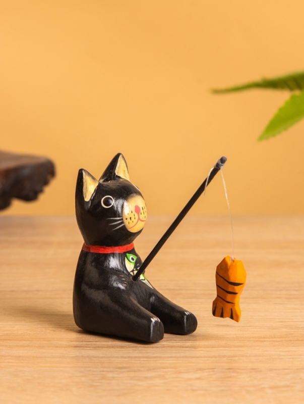 Сувенир «Кот рыбак», 3×6×7 см, дерево, чёрный Сувенир «Кот рыбак», 3×6×7 см, дерево, чёрный