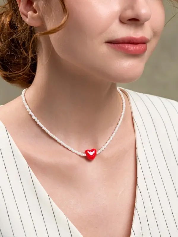 Чокер из бисера &laquo;Сердце&raquo;, L=45 см, белый, красный в золоте