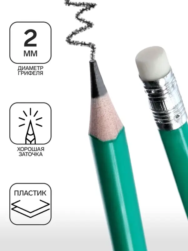 Набор карандашей чернографитных Calligrata. Classic, 12 штук, HB, с ластиком, трёхгранные, пластиковые, зелёный корпус