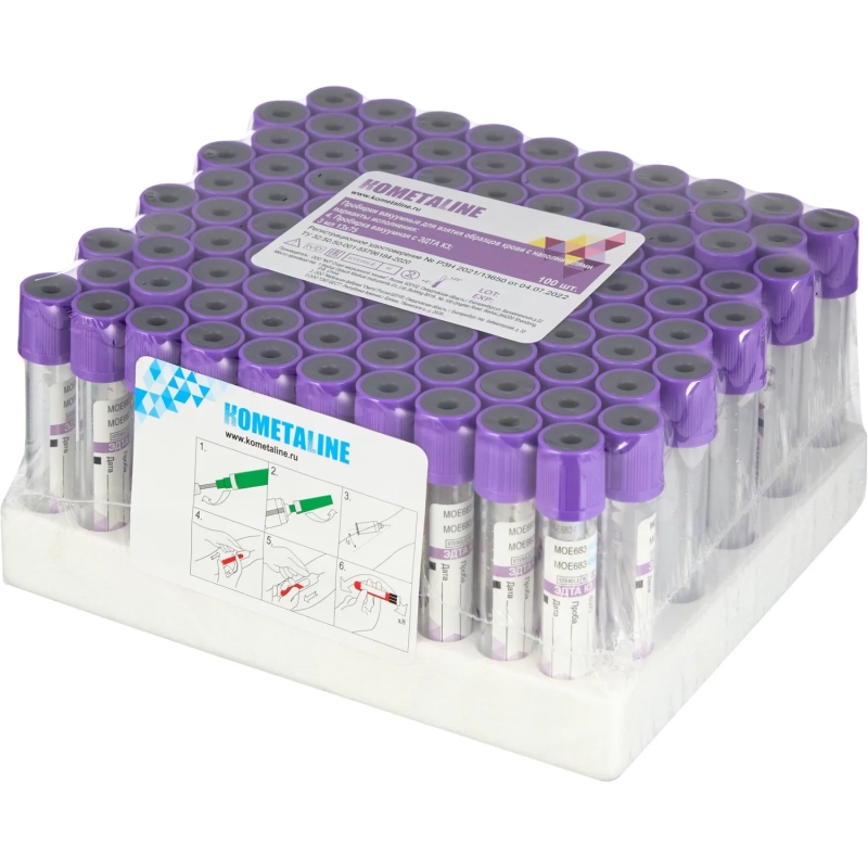 Вакуумные пробирки с ЭДТА-К3 3 мл, 13х75 мм, KOMETALINE 100шт/уп