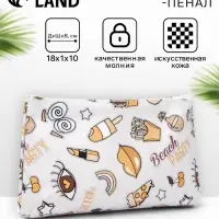 Косметичка - пенал на молнии, плоская, маленькая, с принтом, белая=