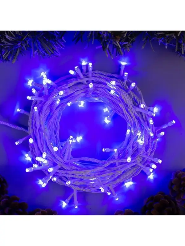 Гирлянда &laquo;Нить&raquo; 10 м, IP20, белая нить, 100 LED, 8 режимов, 220 В, свечение синее