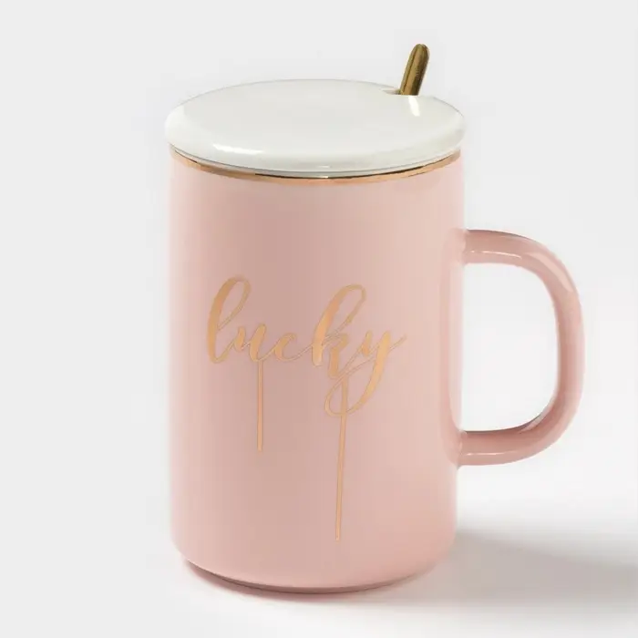 Кружка с крышкой и ложкой &laquo;Анабель&raquo;, 400 мл, керамика, рисунок МИКС