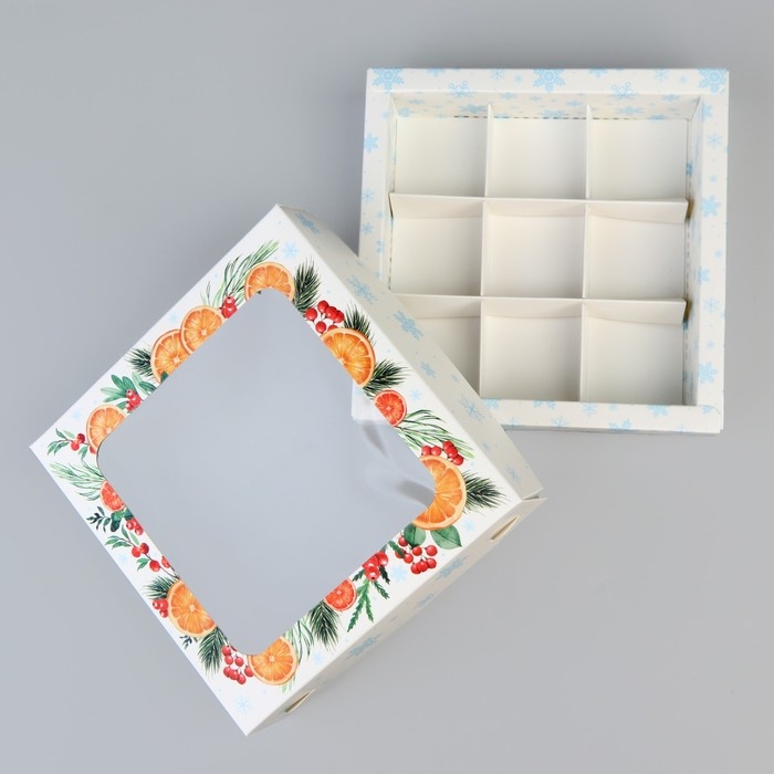 Коробка под 9 конфет «С Новым годом», ботаника, 14.7 х 14.7 х 3.5 см, Новый год