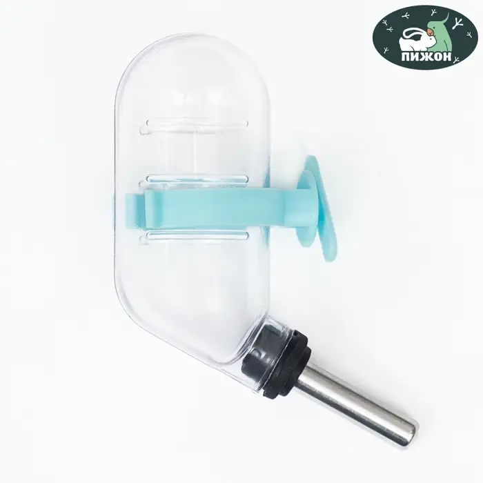 Поилка для грызунов с металлическим носиком, 60 мл, прозрачная с голубым крепление