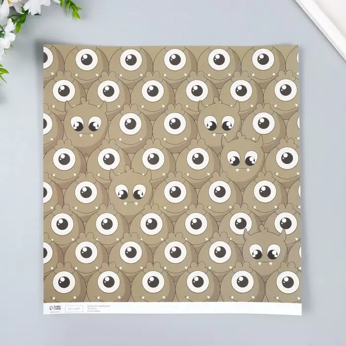 Бумага для скрапбукинга двусторонняя "Монстрики и листья" плотность 180 гр 30,5х32 см