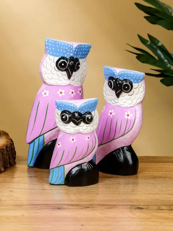 Набор сувенирный «Совы», h=17 см, h=14.5 см, h=11 см, дерево, сиреневый