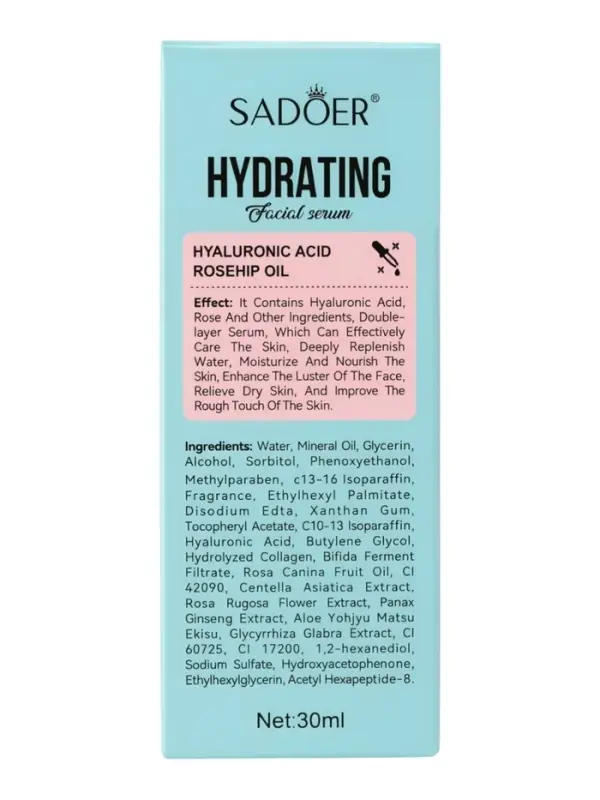 Увлажняющая сыворотка для лица Sadoer с гиалуроновой кислотой, экстракт шиповника, 30 мл