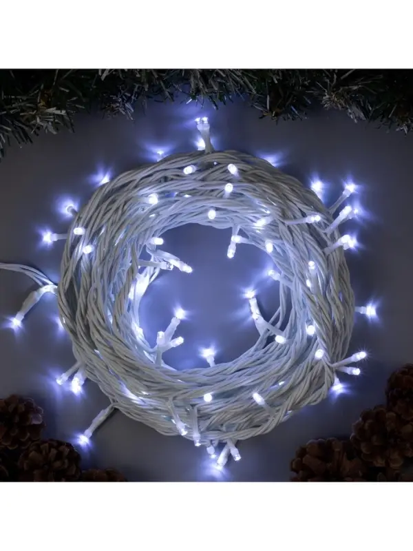 Гирлянда &laquo;Нить&raquo; 10 м, IP44, УМС, белая нить, 100 LED, свечение белое, 220 В