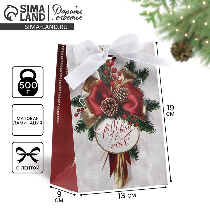 Пакет подарочный новогодний с лентой «Новый год», 13 х 19 х 9 см , Новый год Пакет подарочный новогодний с лентой «Новый год», 13 х 19 х 9 см , Новый год