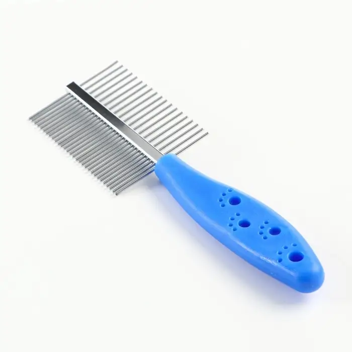 Расчёска для шерсти &laquo;Лапки&raquo;, двухсторонняя, с прямыми зубьями, пластиковая ручка, синяя
