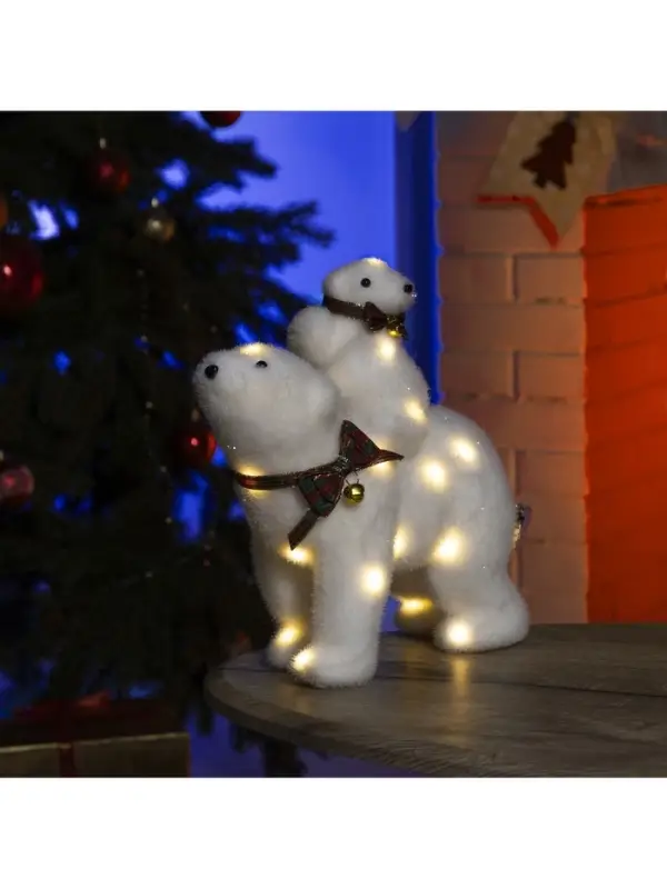 Светодиодная фигура &laquo;Медведица и медвежонок&raquo; 27&times;26&times;12 см, флок, от батареек ААх2, свечение тёплое белое