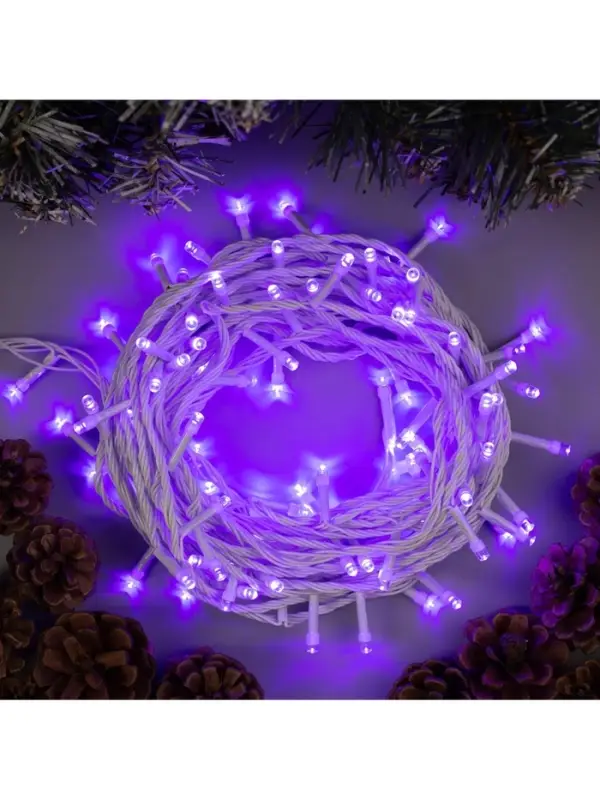 Гирлянда &laquo;Нить&raquo; 10 м, IP20, белая нить, 100 LED, 8 режимов, 220 В, свечение фиолетовое