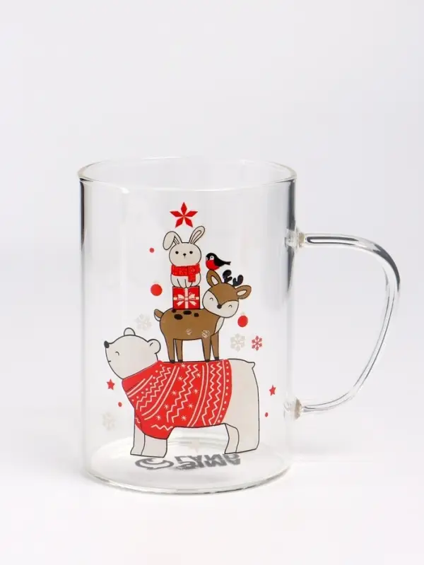 Кружка новогодняя с ложкой и крышкой &laquo;Зверята&raquo;, 470 мл