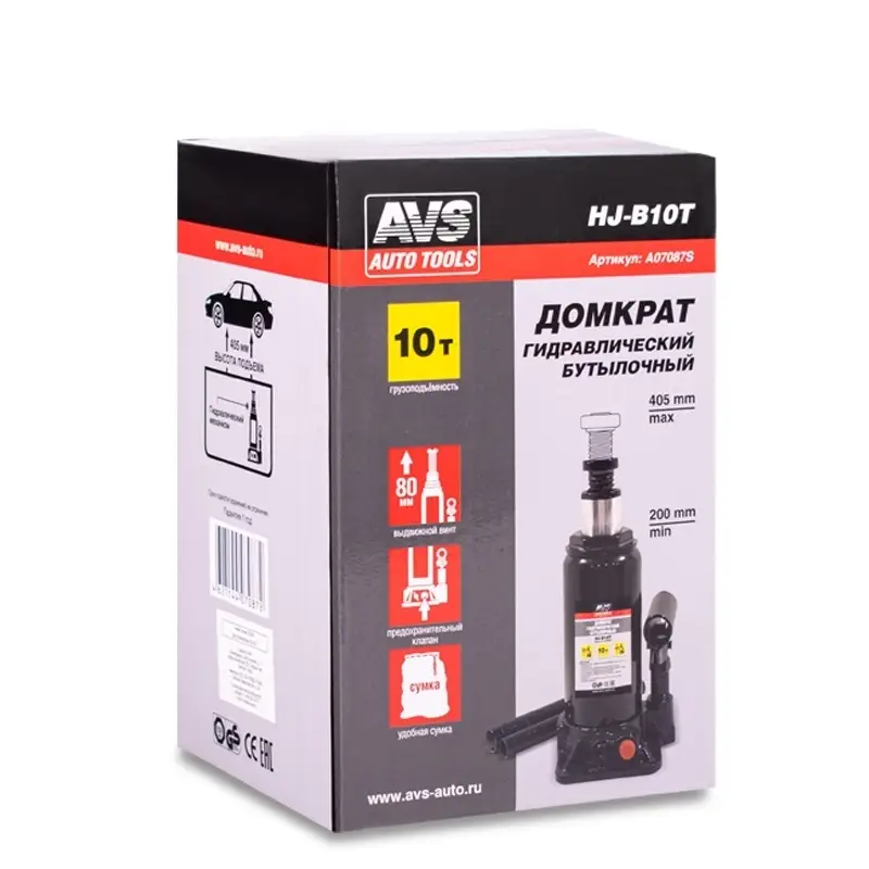 Домкрат гидравлический AVS HJ-B10T, 10т, 200-405мм. с клапаном (сумка, ремкомплект)