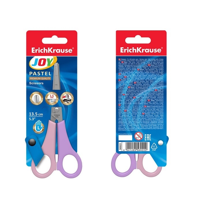 Ножницы детские для левшей 13,5 см, ErichKrause Joy Pastel, с линейкой на лезвиях, закруглённые концы, блистер Ножницы детские для левшей 13,5 см, ErichKrause Joy Pastel, с линейкой на лезвиях, закруглённые концы, блистер