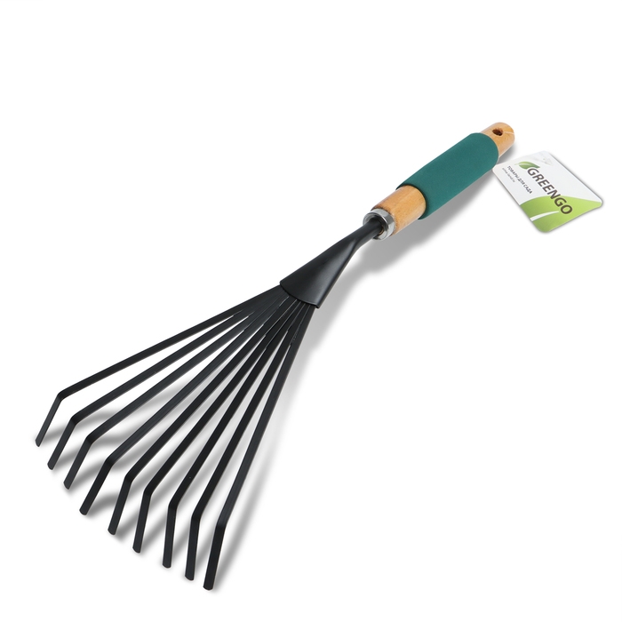 Грабли малые, веерные, пластинчатые, 9 зубцов, длина 42 см, металл, деревянная ручка с поролоном, Greengo Грабли малые, веерные, пластинчатые, 9 зубцов, длина 42 см, металл, деревянная ручка с поролоном, Greengo