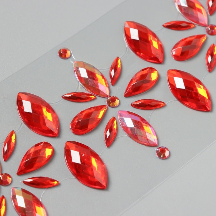 Наклейка пластик стразы "Цветы" красная 25х8,5 см