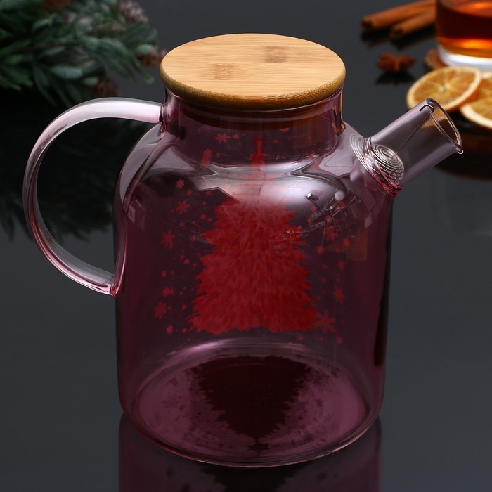 Новый год. Чайник заварочный стеклянный с бамбуковой крышкой «Розовая сказка», 1700 мл Новый год. Чайник заварочный стеклянный с бамбуковой крышкой «Розовая сказка», 1700 мл