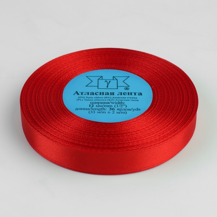 Лента атласная, 12 мм × 33 ± 2 м, цвет красный №026 Лента атласная, 12 мм × 33 ± 2 м, цвет красный №026