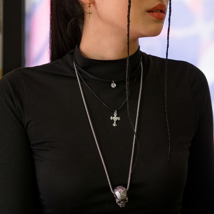 Кулон «Череп» с узором, цвет чернёное серебро, 70 см