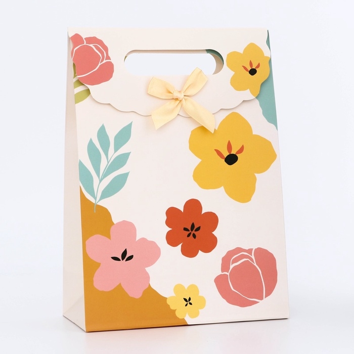 Подарочная коробка-пакет, упаковка с вырубной ручкой, Подарочная коробка-пакет, упаковка с вырубной ручкой, "Цветочки" , 19 х 9 х 27 см