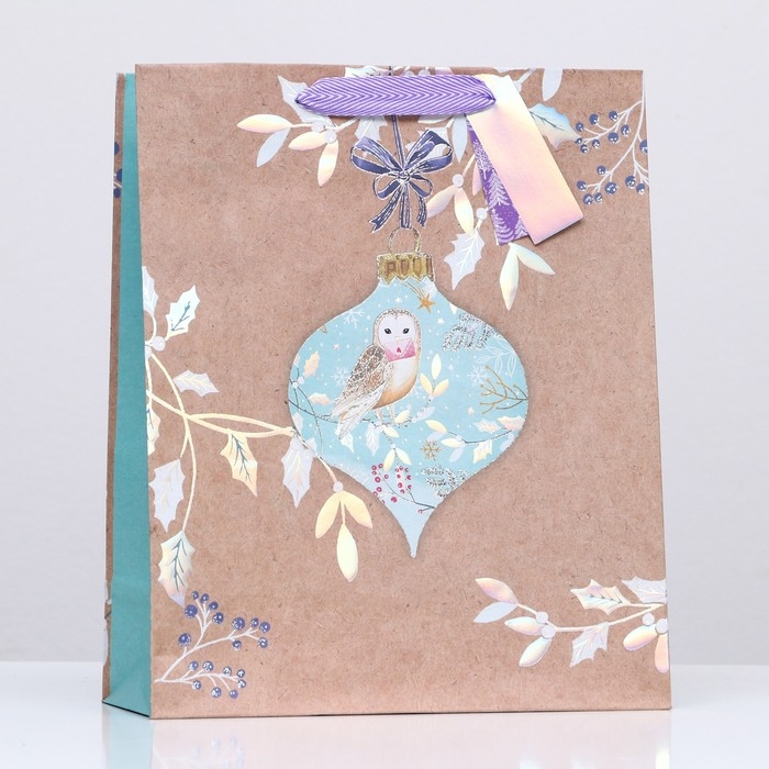 Новый год. Пакет бумажный подарочный новогодний крафт Новый год. Пакет бумажный подарочный новогодний крафт "Сова" 26 х 32 х 12 см.
