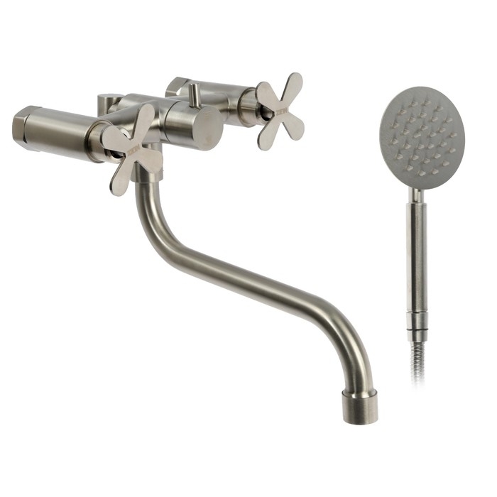 Смеситель для ванны ZEIN Z3733, двухвентильный, S-образный излив 21 см, лейка, шланг, сатин Смеситель для ванны ZEIN Z3733, двухвентильный, S-образный излив 21 см, лейка, шланг, сатин