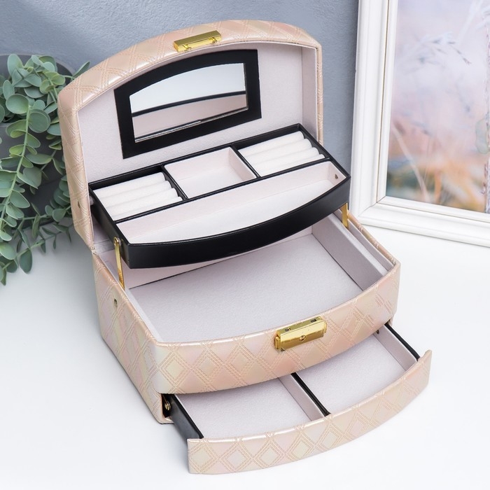 Шкатулка кожзам для украшений сундук  Шкатулка кожзам для украшений сундук "Сеть из ромбов. Сливочный перламутр" 13х16х23 см